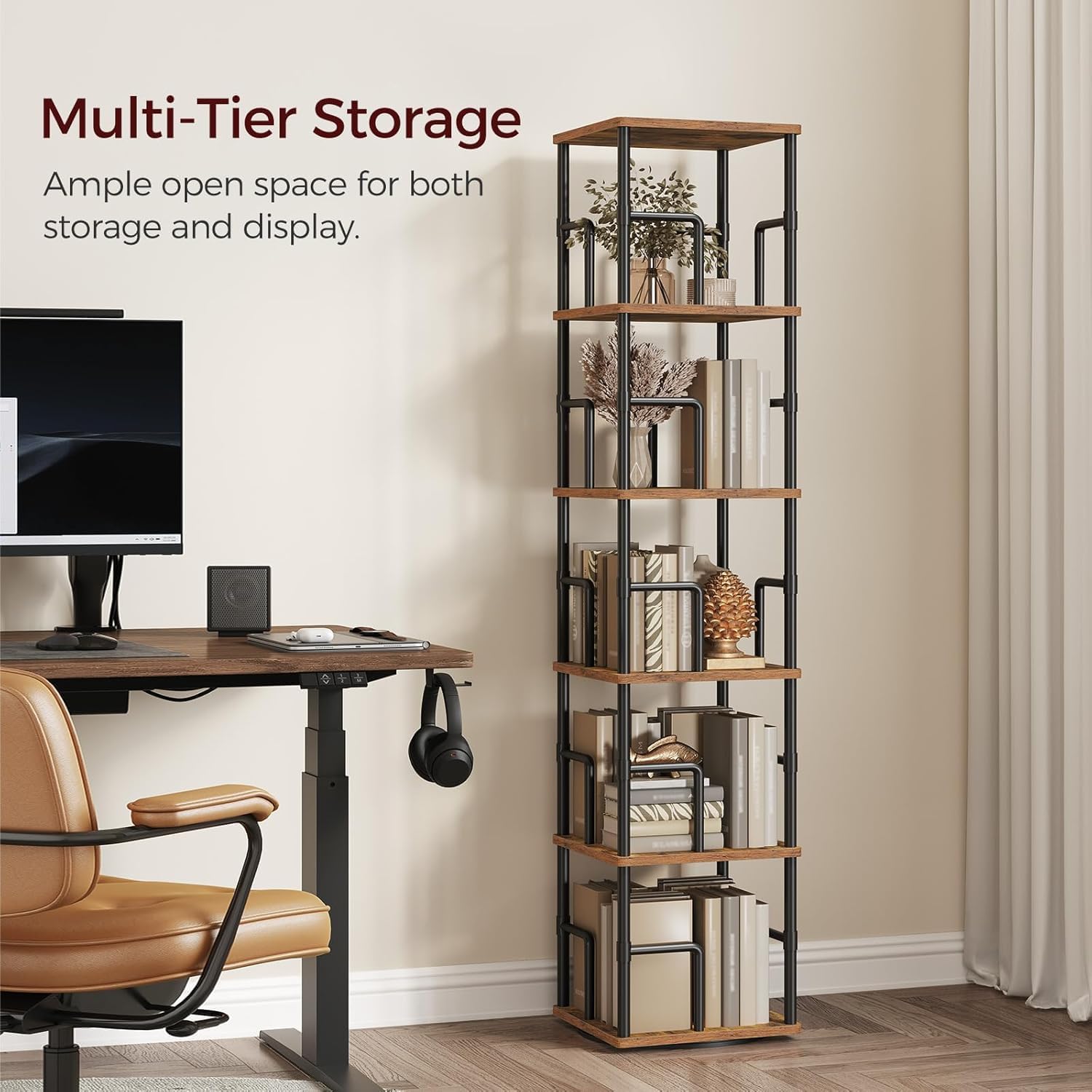 Mahancris 5-Tier Rotating Bookshelf, Freestanding Corner Bookshelf, 360° Spinning Bookcase, Industrial Style Storage Rack With Rails, For Living Room, Bedroom, Study, Rustic Brown And Black Bkhr1601