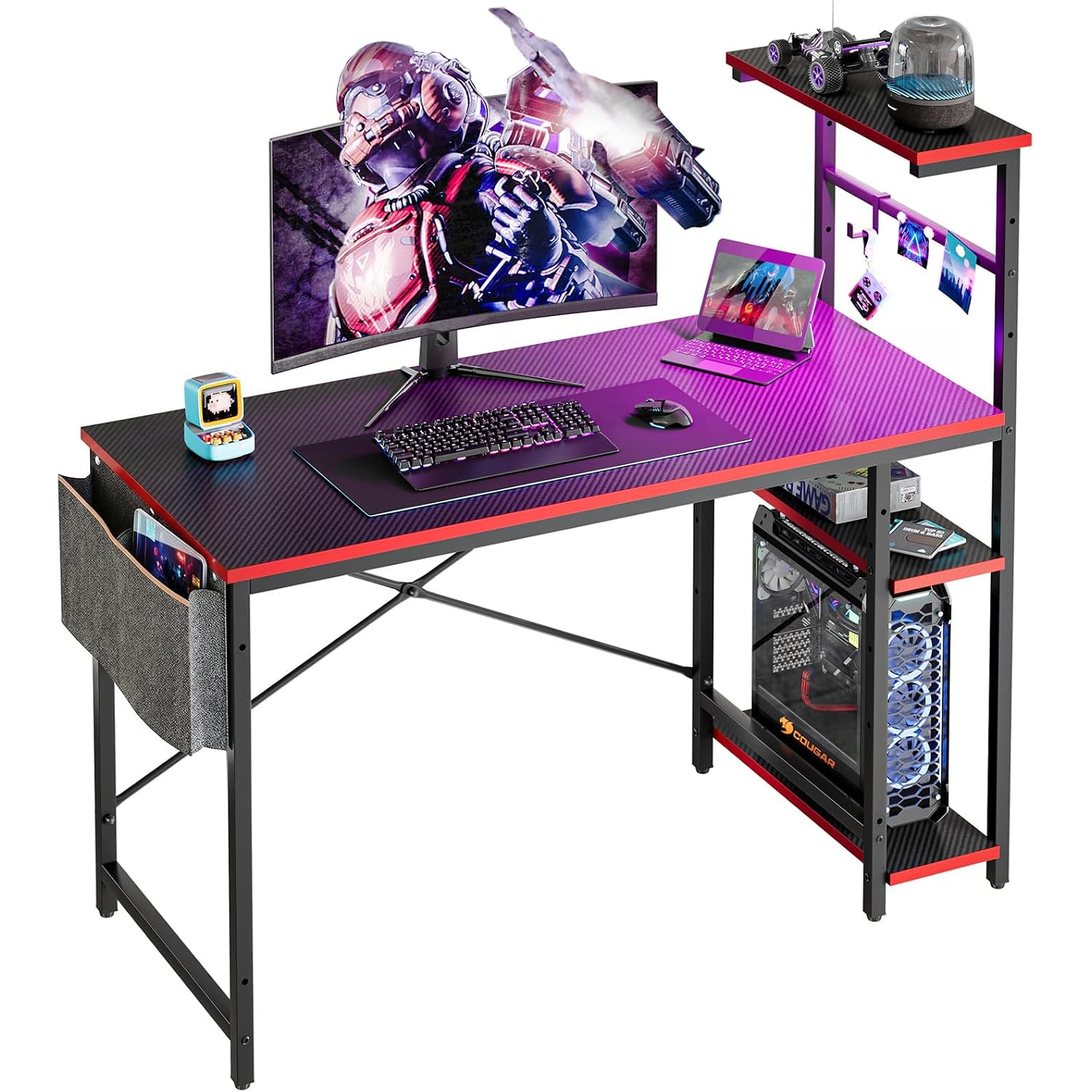Bestier Gaming Desk With Led Lights, 44 Inch Pc Gamer Desk For Small Spaces, Computer Desk With Reversible Storage Shelves & Side Storage Bag (Black 3D Carbon Fiber)