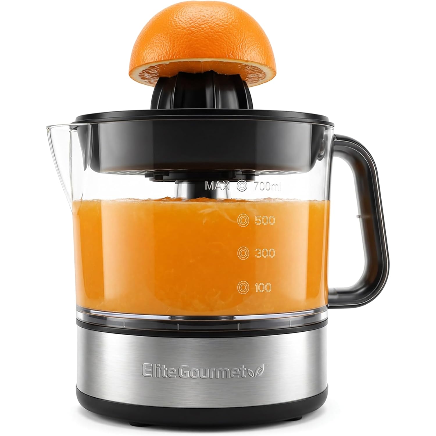 Elite Gourmet ETS623 BPA-Free 40-Watt Electric Citrus Juicer, Compact, Large Volume, Pulp Control, Oranges, Lemons, Limes, Grapefruits with Easy Pour Spout, 24oz, Black/Stainless Steel