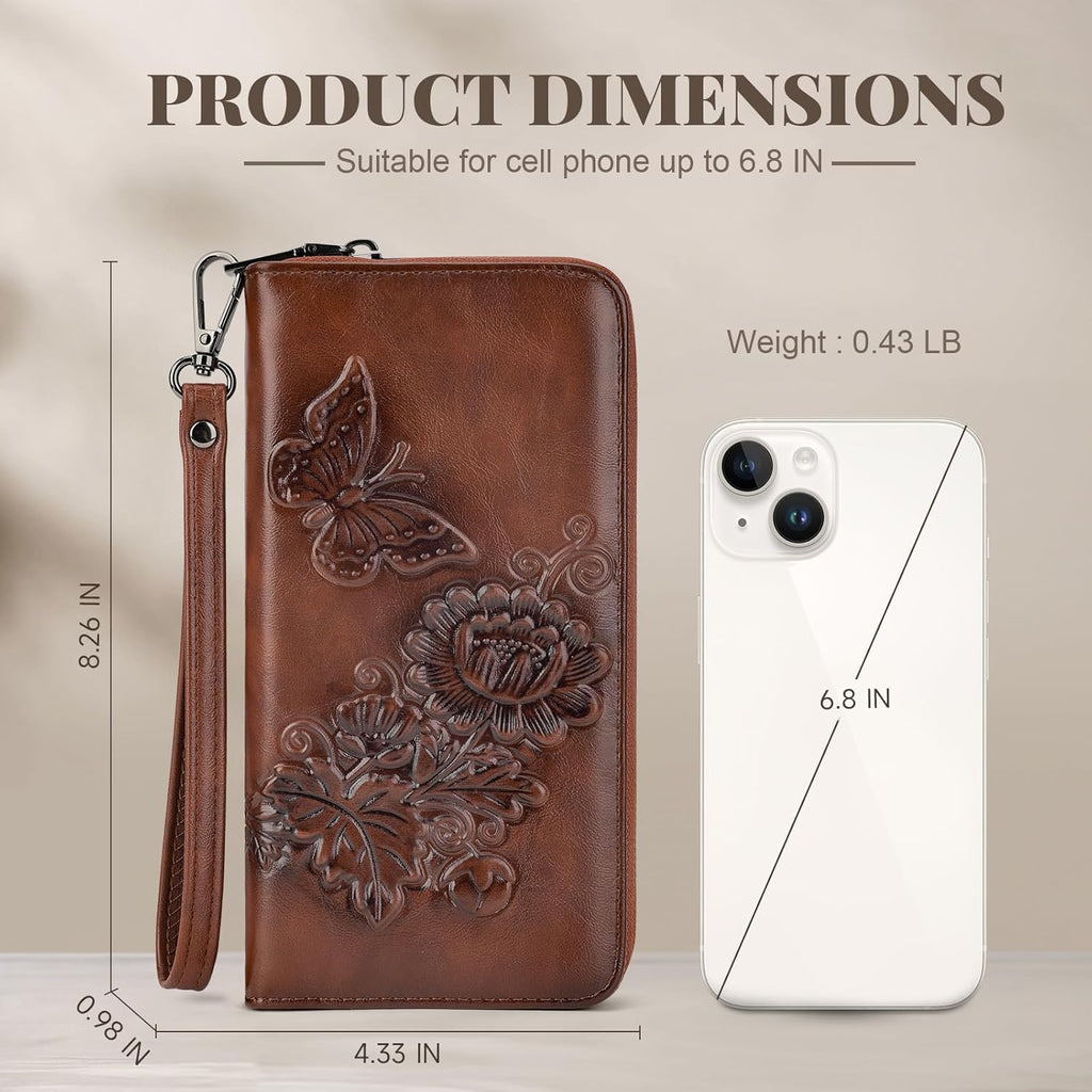 Womens Wallet Rfid Embossed Vegan Leather Multi Card Slots Wallets Large Capacity Wristlet Travel Purse for Women