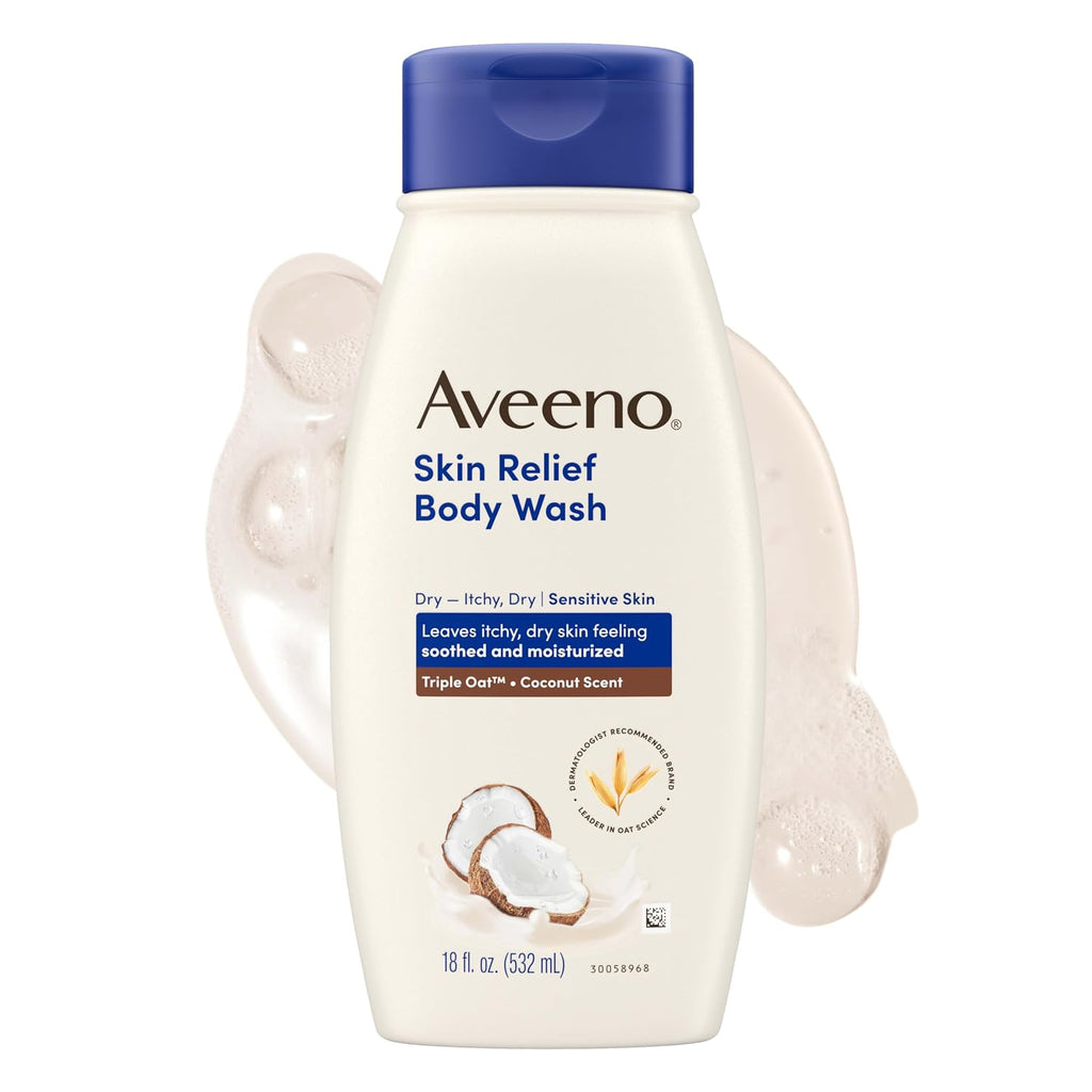 Aveeno Skin Relief Body Wash For Dry Skin, Gentle Coconut Scent And Soothing Triple Oat Formula, Moisturizing Body Wash Leaves Itchy, Dry Skin Cleansed & Feeling Soothed & Moisturized, 18 Fl Oz