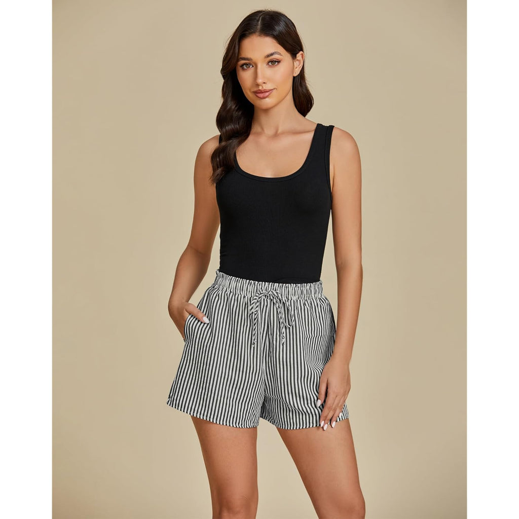 Striped Shorts for Women High Waisted Beach Casual Drawstring Pull On Elastic Waist Summer Shorts with Pockets