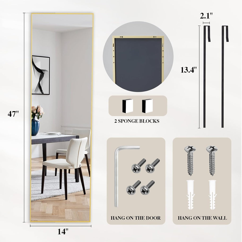 Dumos 47"X14" Full Length Door Mirror, Full Body Mirror, Gold | Aluminum Alloy Thin Frame, Leaning Or Hanging, Suitable For Bedroom, Livingroom, Cloakroom