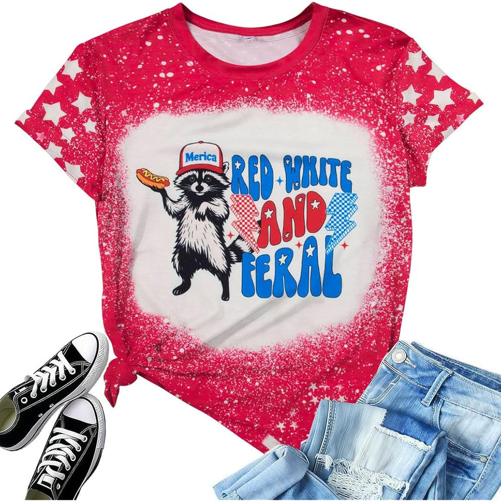 Women Red White and Blue Shirts Funny 250 Anniversary USA Raccoon T-Shirt America Patriotic Tee Tops