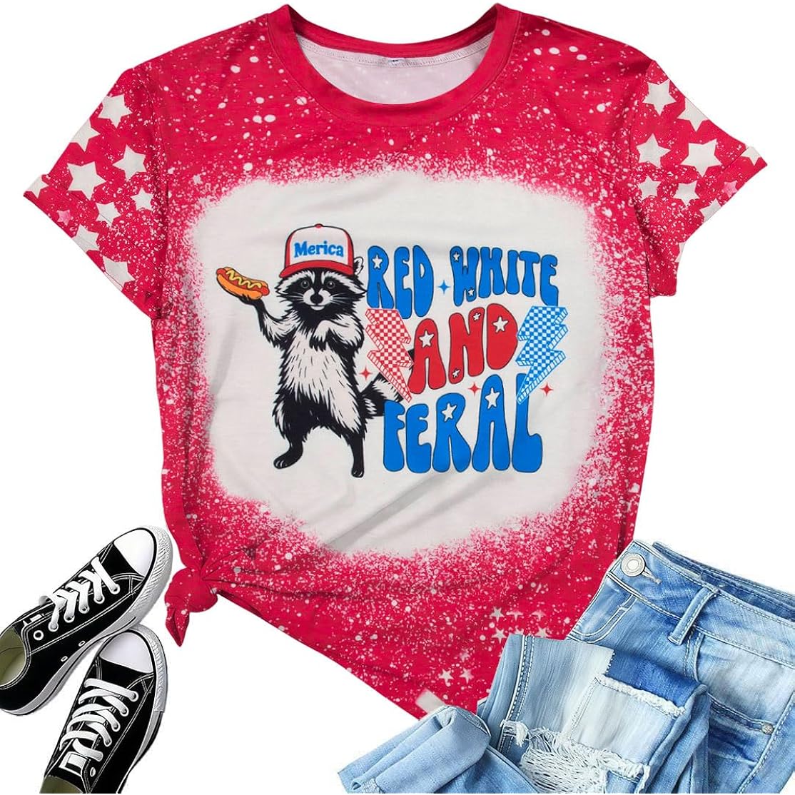 Women Red White and Blue Shirts Funny 250 Anniversary USA Raccoon T-Shirt America Patriotic Tee Tops