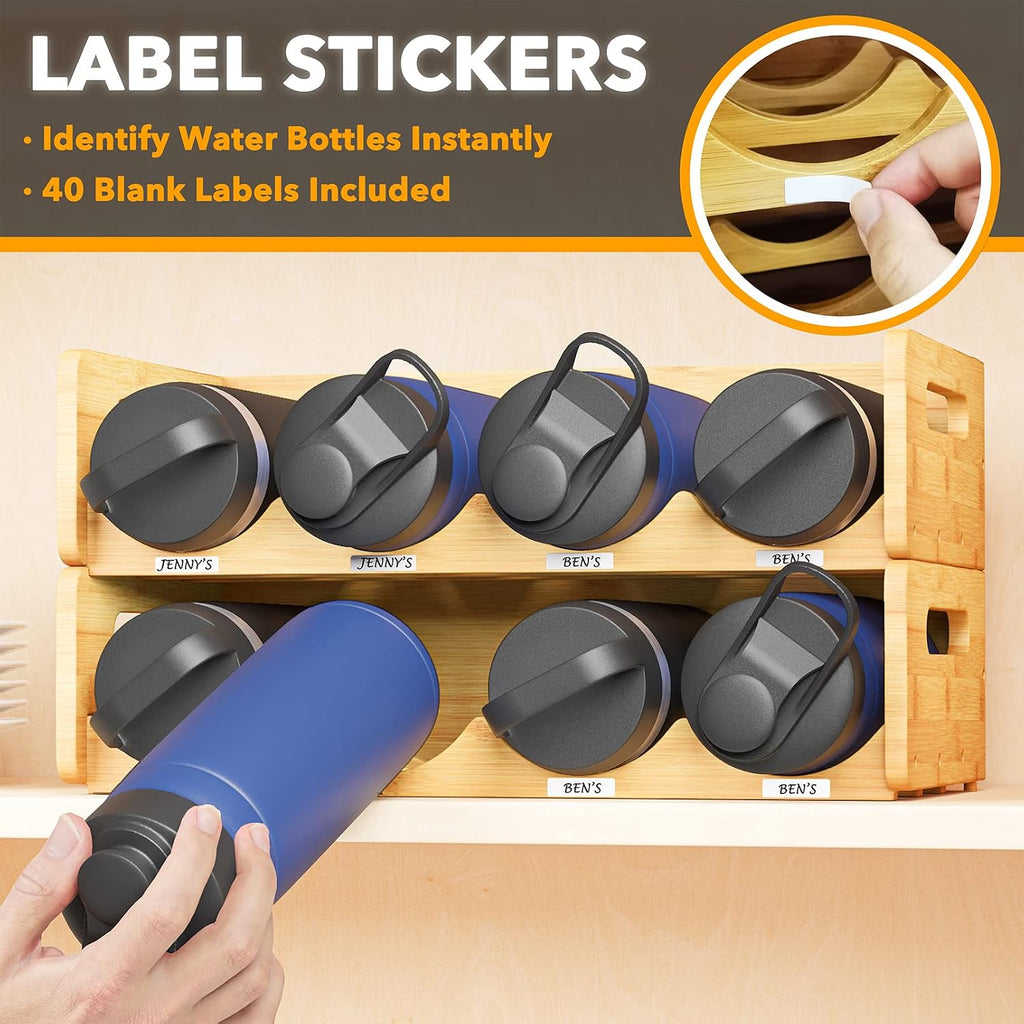 Spaceaid Bamboo Water Bottle Organizer With Labels, Kitchen Pantry Water Bottle Storage Rack For Cabinets, Home Cup And Wine Bottle Holder Shelf Organizers, 2 Pack 4-Slot, Hold 8 Bottles
