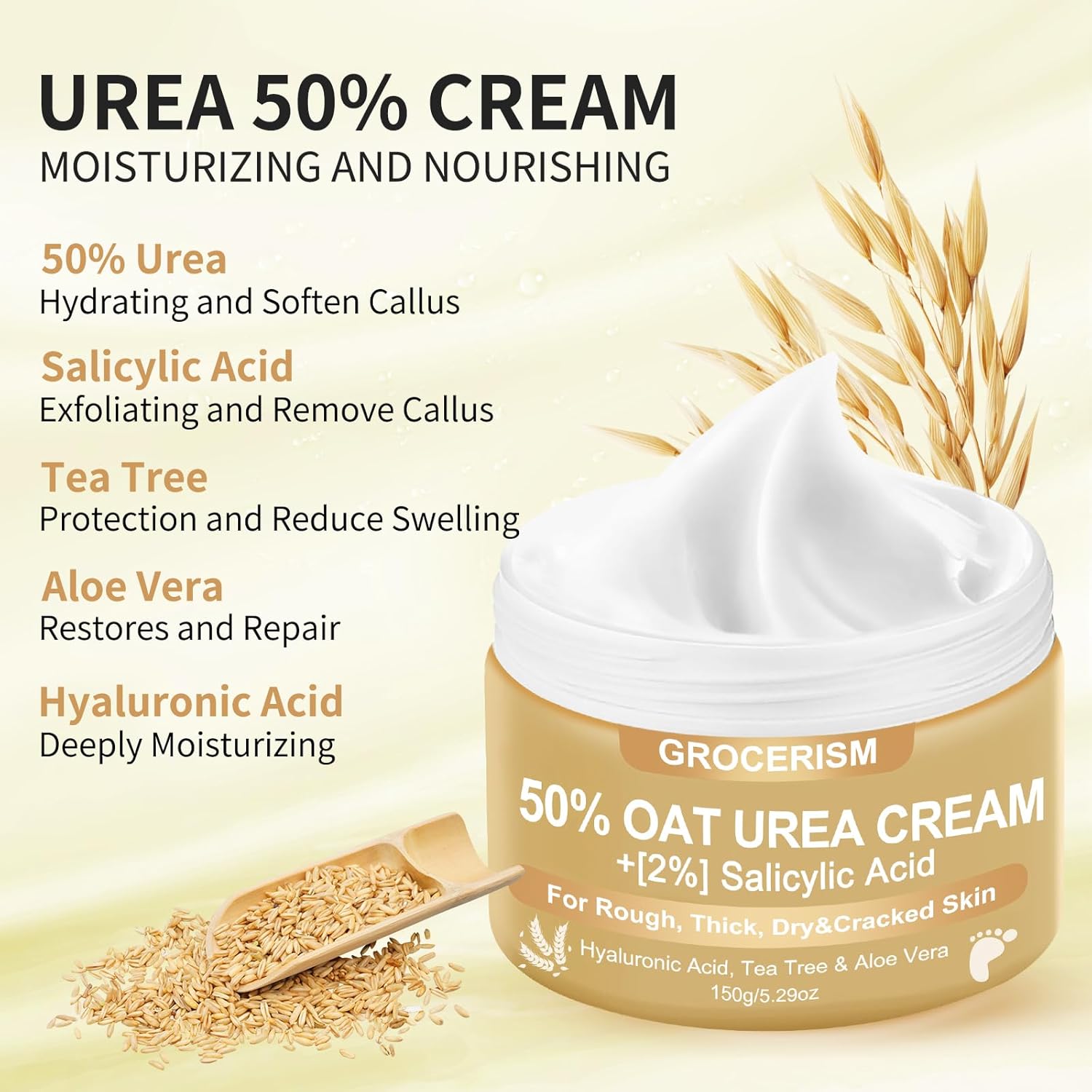 Urea Cream 50 Percent for Feet with Oat 5.29 oz || Foot & Hand Cream Maximum Strength with 2% Salicylic Acid, Tea Tree and Aloe Vera for Deep Moisturizing and Callus Removing (Upgraded Formula)