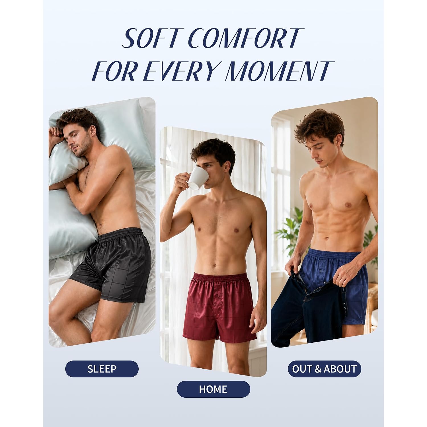 Men'S Satin Boxers Pack Silky Boxer Shorts For Men, Silk Feeling Men'S Underwear With Button Fly Pajamas Sleep Shorts