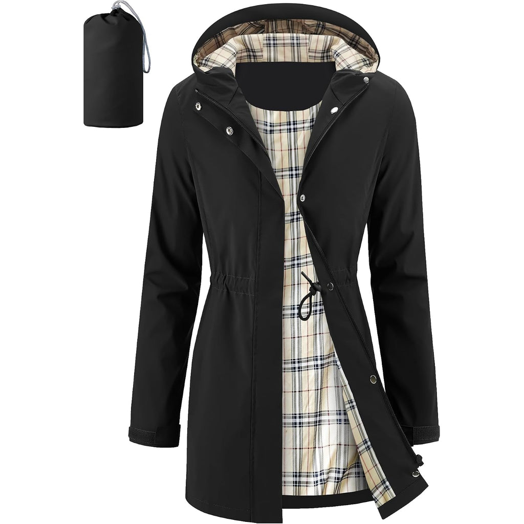 Women'S Rain Jacket Packable Long Raincoat Hooded Plaid Lined Trench Coat Waterproof Windproof Lightweight For Outdoor