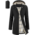 Women'S Rain Jacket Packable Long Raincoat Hooded Plaid Lined Trench Coat Waterproof Windproof Lightweight For Outdoor