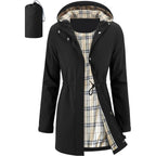 Women'S Rain Jacket Packable Long Raincoat Hooded Plaid Lined Trench Coat Waterproof Windproof Lightweight For Outdoor