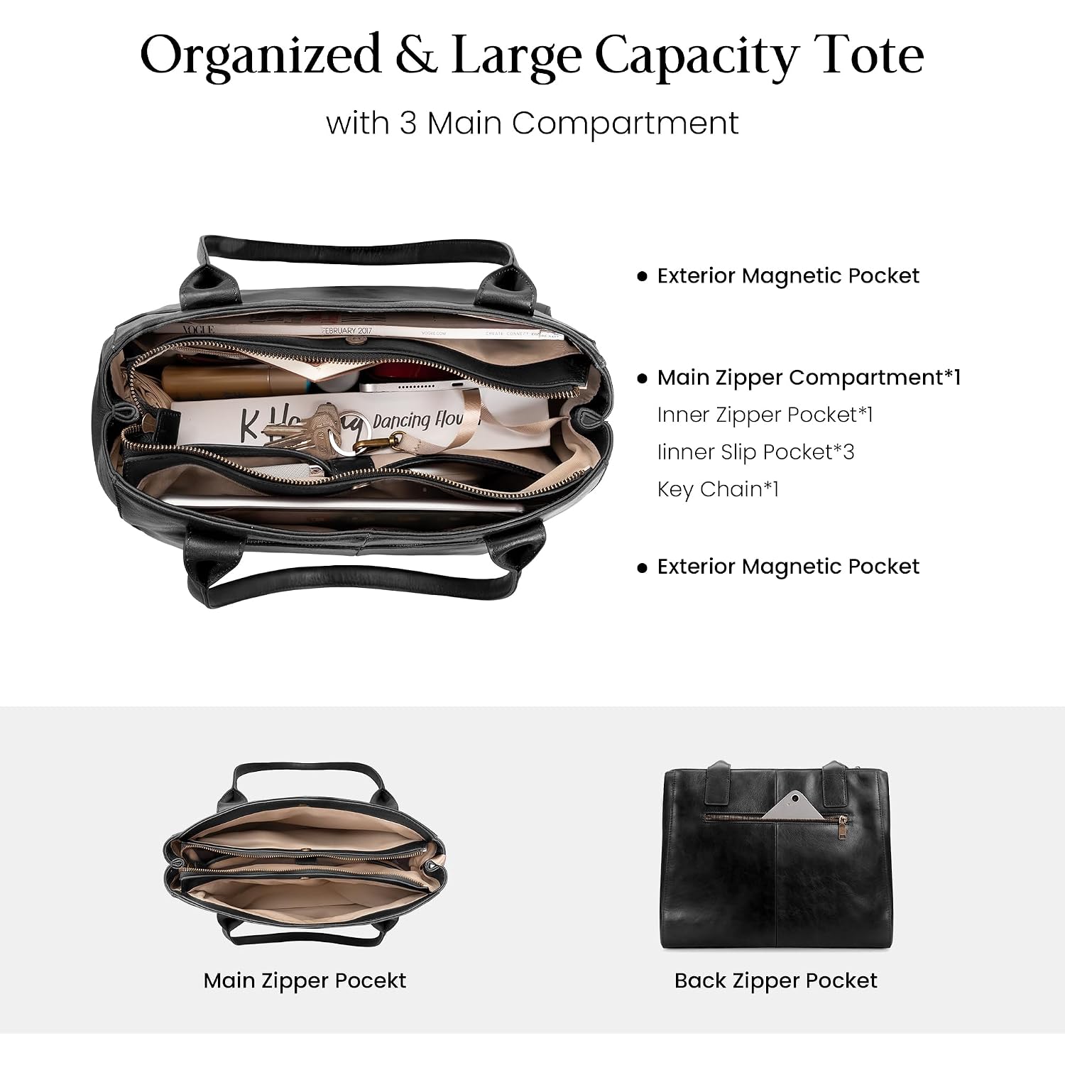 Genuine Leather Tote Bag For Women Small Tote Bag With Zipper Work Purse With Compartment Purses And Handbags For Travel