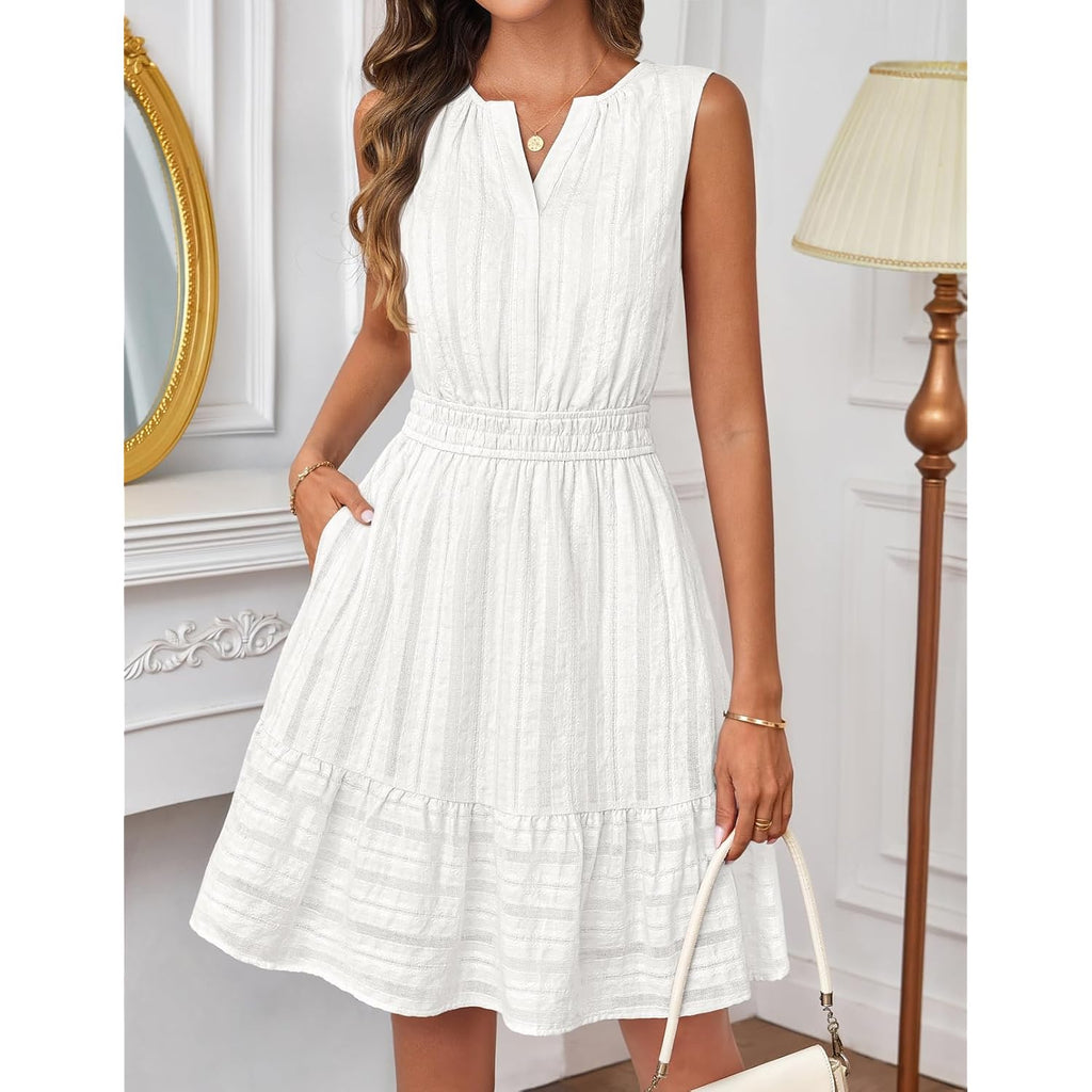 Merokeety Women'S 2026 Summer Casual Mini Sundress Beach Vacation Sleeveless V Neck Flowy A Line Dress With Pockets