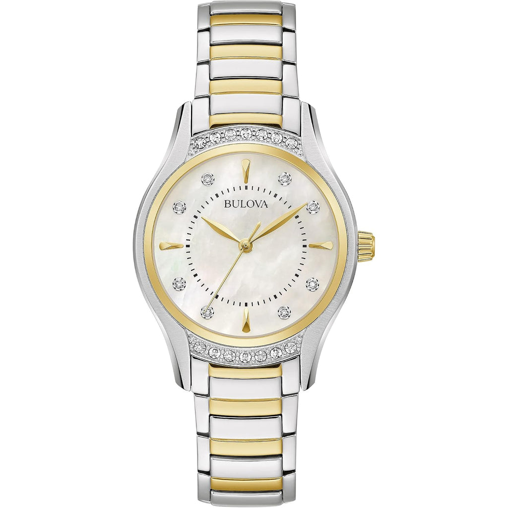 Bulova Ladies' Classic Diamond 3-Hand Quartz Stainless Steel Watch, 16 Diamonds, Mother-Of-Pearl Dial, Curved Mineral Crystal