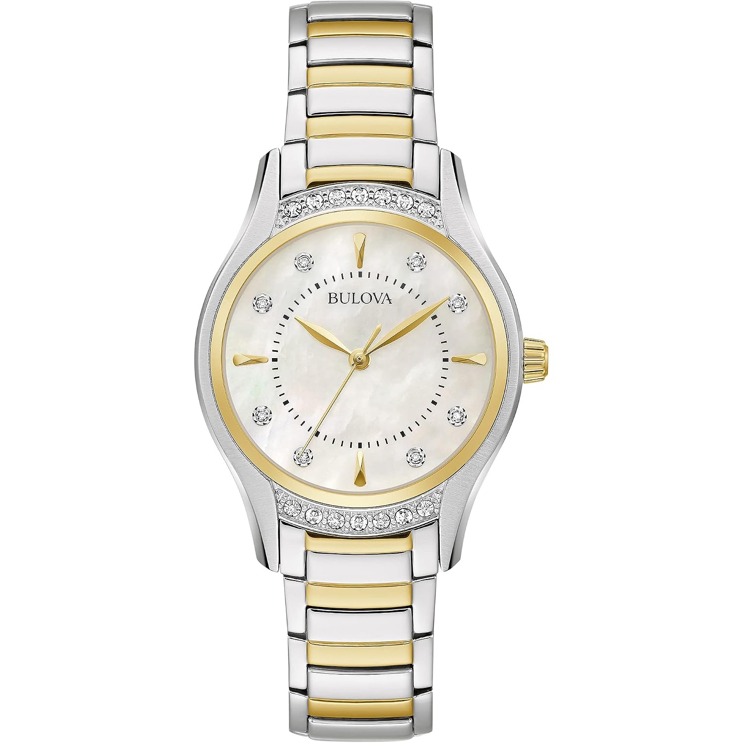 Bulova Ladies' Classic Diamond 3-Hand Quartz Stainless Steel Watch, 16 Diamonds, Mother-Of-Pearl Dial, Curved Mineral Crystal