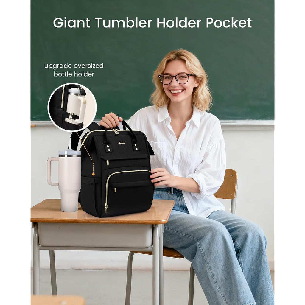 Lovevook Laptop Backpack For Women With Giant Tumbler Holder Pocket,15.6 Inch Waterproof Travel Backpack Purse Computer Laptop Bag,Professional Work College Nurse Teacher Backpack Casual Daypack,Black