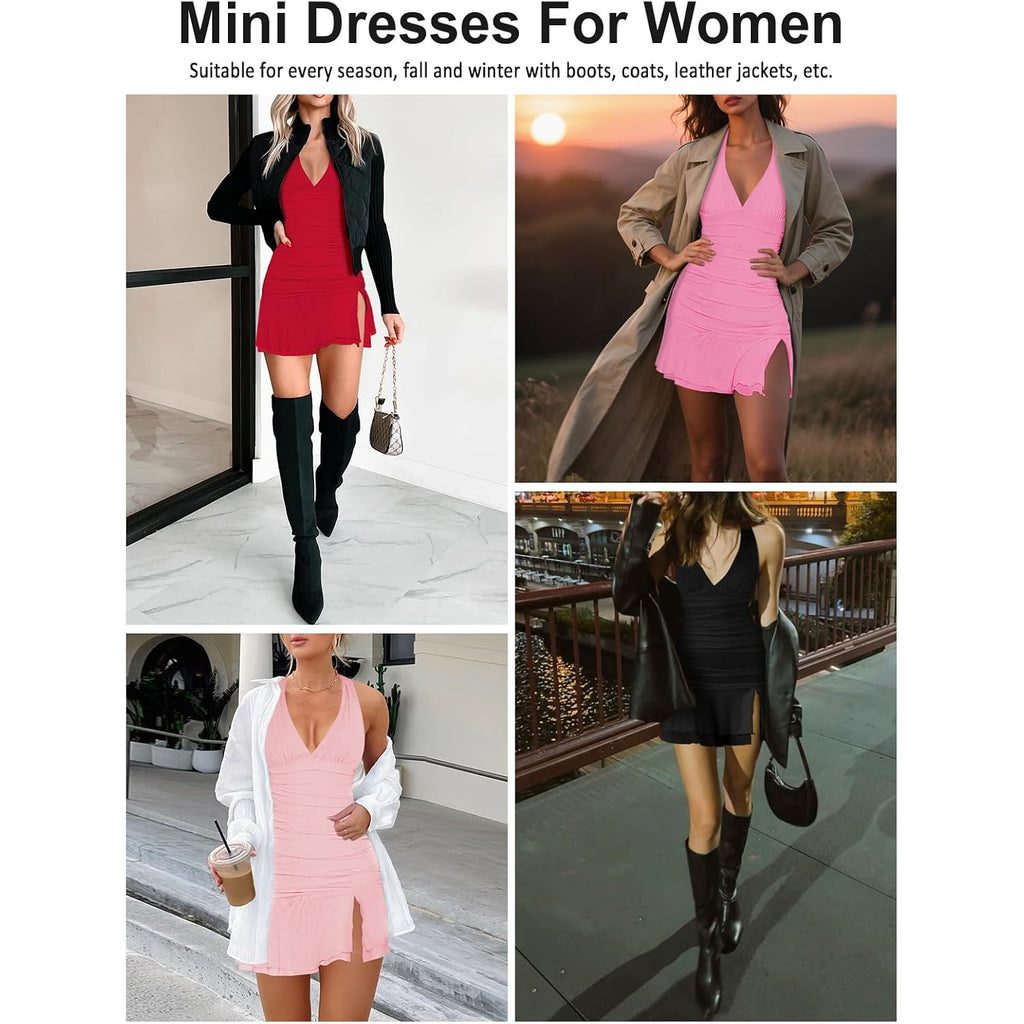 Women Sexy Halter Deep V Neck Ruched Bodycon Dress Summer Side Slit Mesh Hem Cocktail Club Party Short Mini Dresses