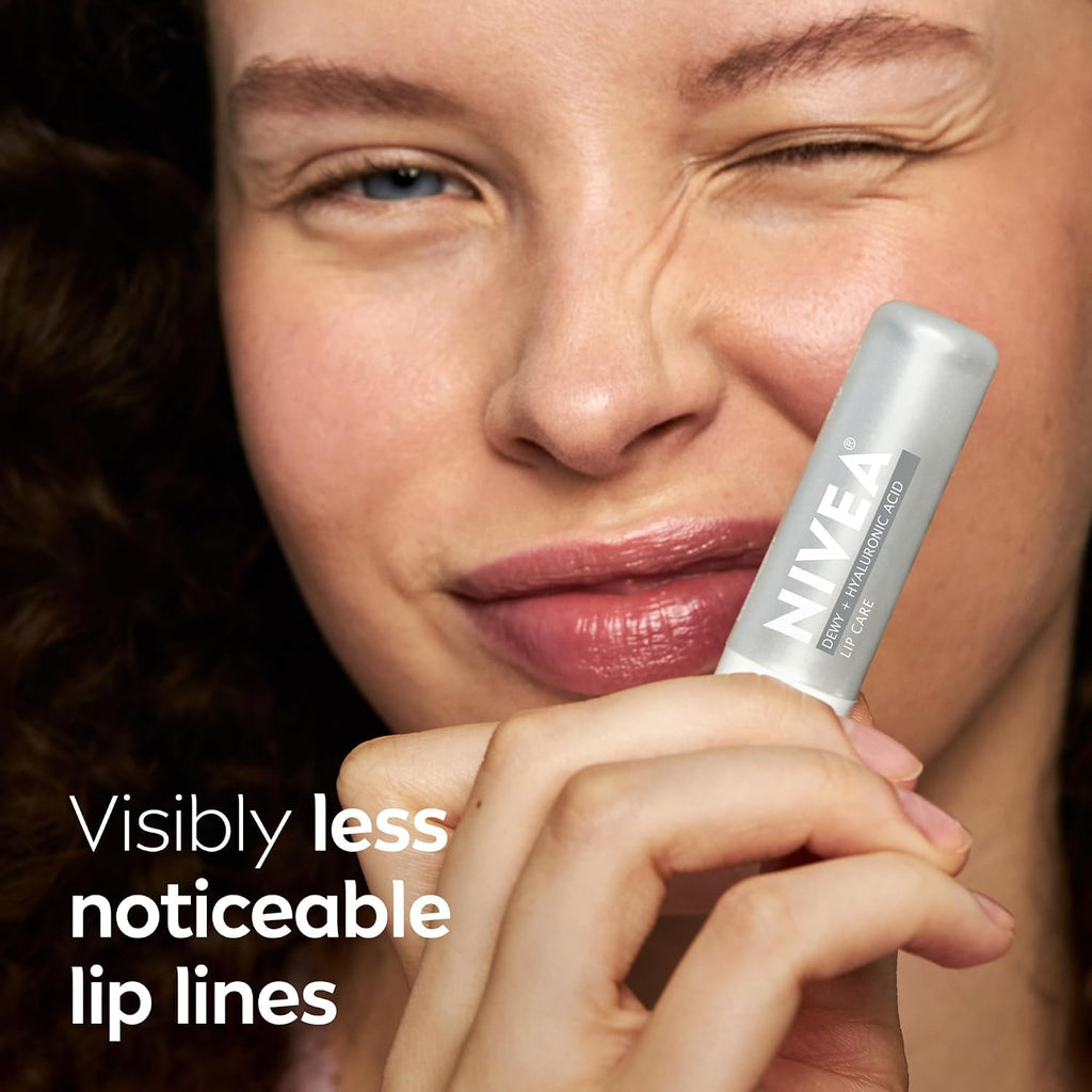 Nivea Dewy Lip Balm With Hyaluronic Acid, Lightweight And Ultra-Hydrating For All Day Moisture, Leaves Visibly Less Noticeable Lip Lines And No Waxy Feel, 0.18 Oz, Pack Of 4