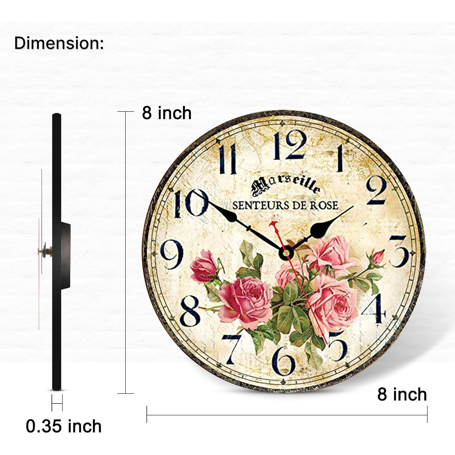 Vintage French Floral Wall Clock With Pink Rose Pattern Small Round Silent Non-Ticking Quartz Movement 8 Inches Wall Clocks Battery Operated Home Flower Decorative For Bedroom,Living Room