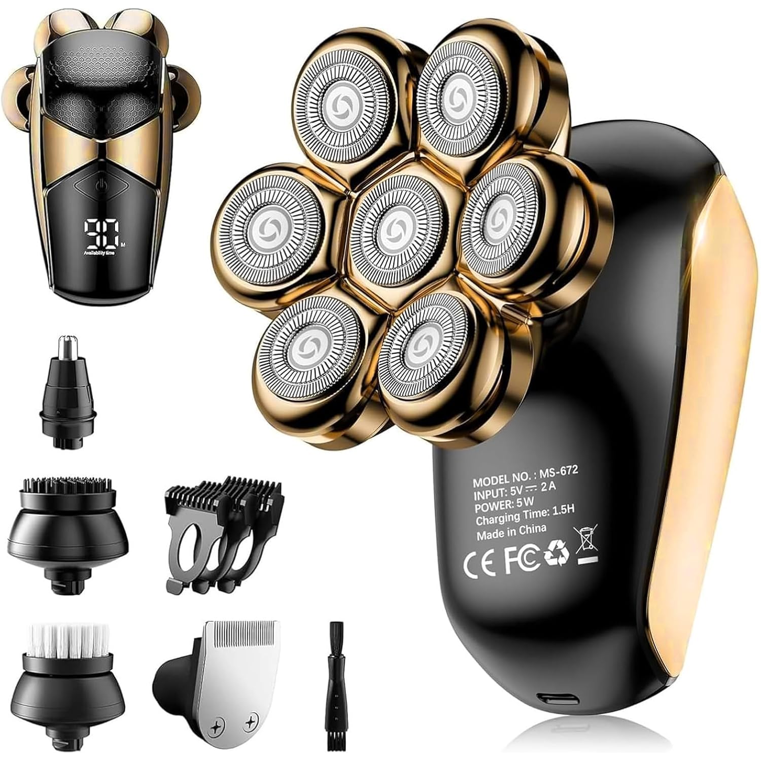 SHPAVVER Head Shavers for Bald Men: 5-in-1 Upgraded Electric Razor - IPX7 Waterproof Shaving Grooming Kit for Balder - Turbo Speed & Precision Blades (Ink Gold)