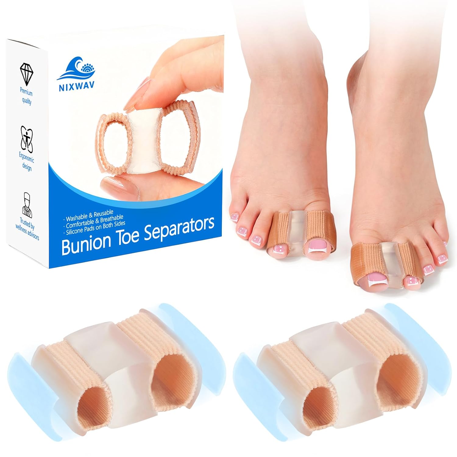 2-Pack Bunion Toe Separators for Overlapping Toes, 3-Point Support Gel Toe Spacers with 2 Fabric Lining Loops for Toe Protectors, Bunion Corrector for Women Men Big Toe(L)