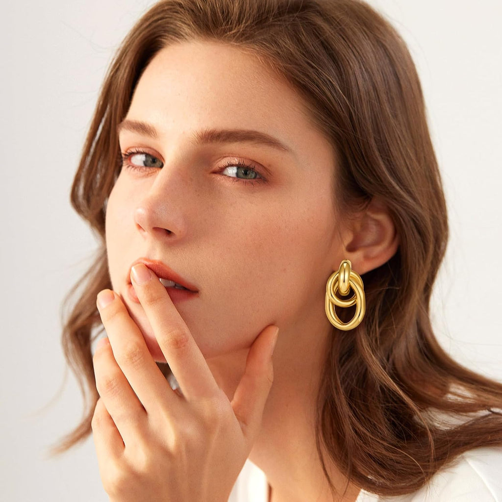 Gold Chunky Earrings for Women Geometric Knot Link Drop Dangle Earrings 14K Gold Plated Statement Earrings Trendy Gold Jewelry