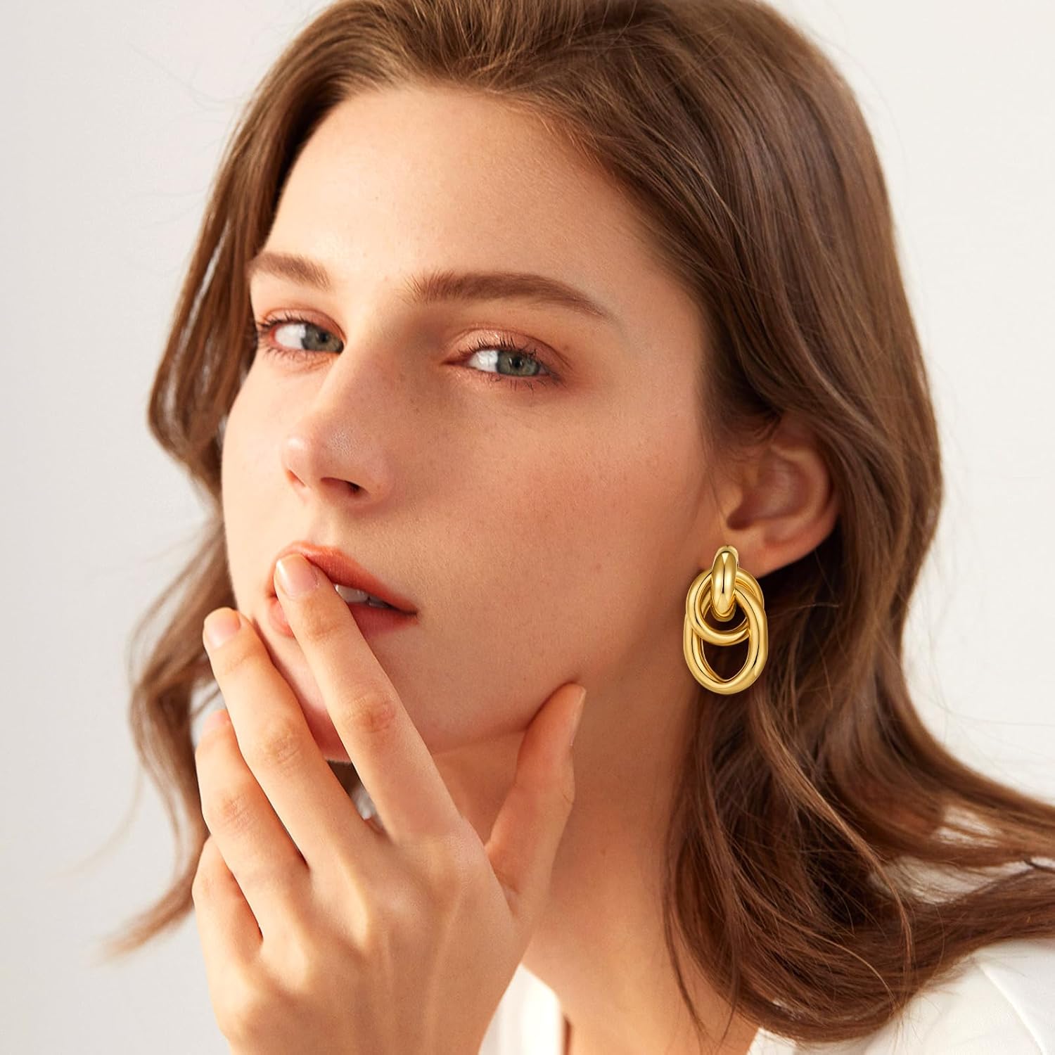 Gold Chunky Earrings for Women Geometric Knot Link Drop Dangle Earrings 14K Gold Plated Statement Earrings Trendy Gold Jewelry