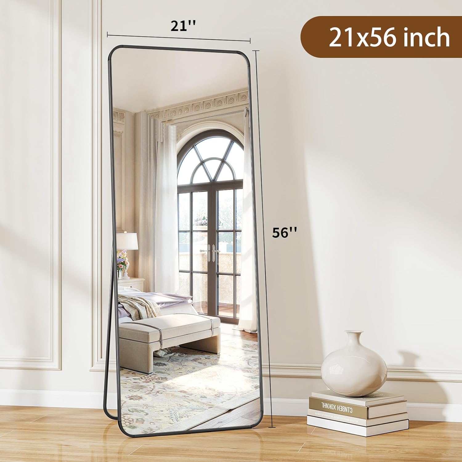 BEAUTYPEAK Black Full Length Mirror, 56"x21" Rounded Corner Floor Mirror Standing Hanging or Leaning Against Wall, Suitable for Bedroom or Dressing Room