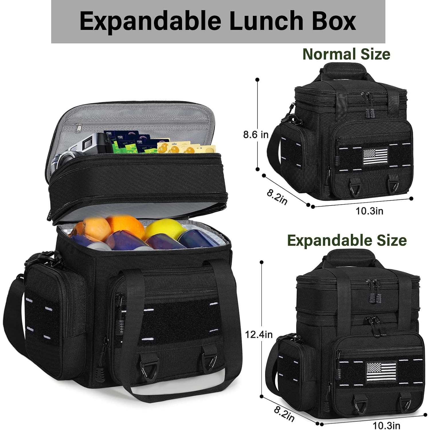 Expandable Tactical Lunch Box, Large Insulated Lunch Cooler Bag Heavy Duty Leakproof Lunch Pail For Men Adults Work Office Outdoor Picnic Trips,16L,Black