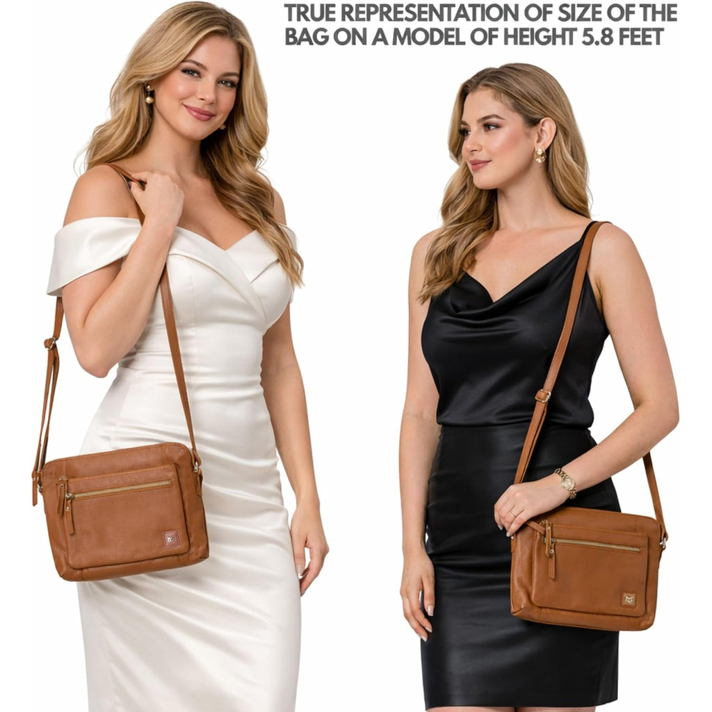 Leather Crossbody Bags for Women Small Soft Genuine Pebbled Sling Shoulder Handbag Crossover Purse with Full Adjustable Strap (Cognac Nappa)