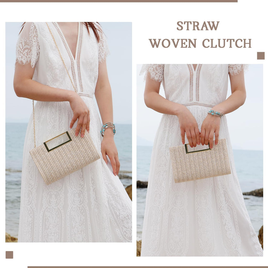 Top Handle Straw Clutch for Women Summer Clutch Straw Evening Bag Raffia Crossbody Purses Woven Beach Clutch