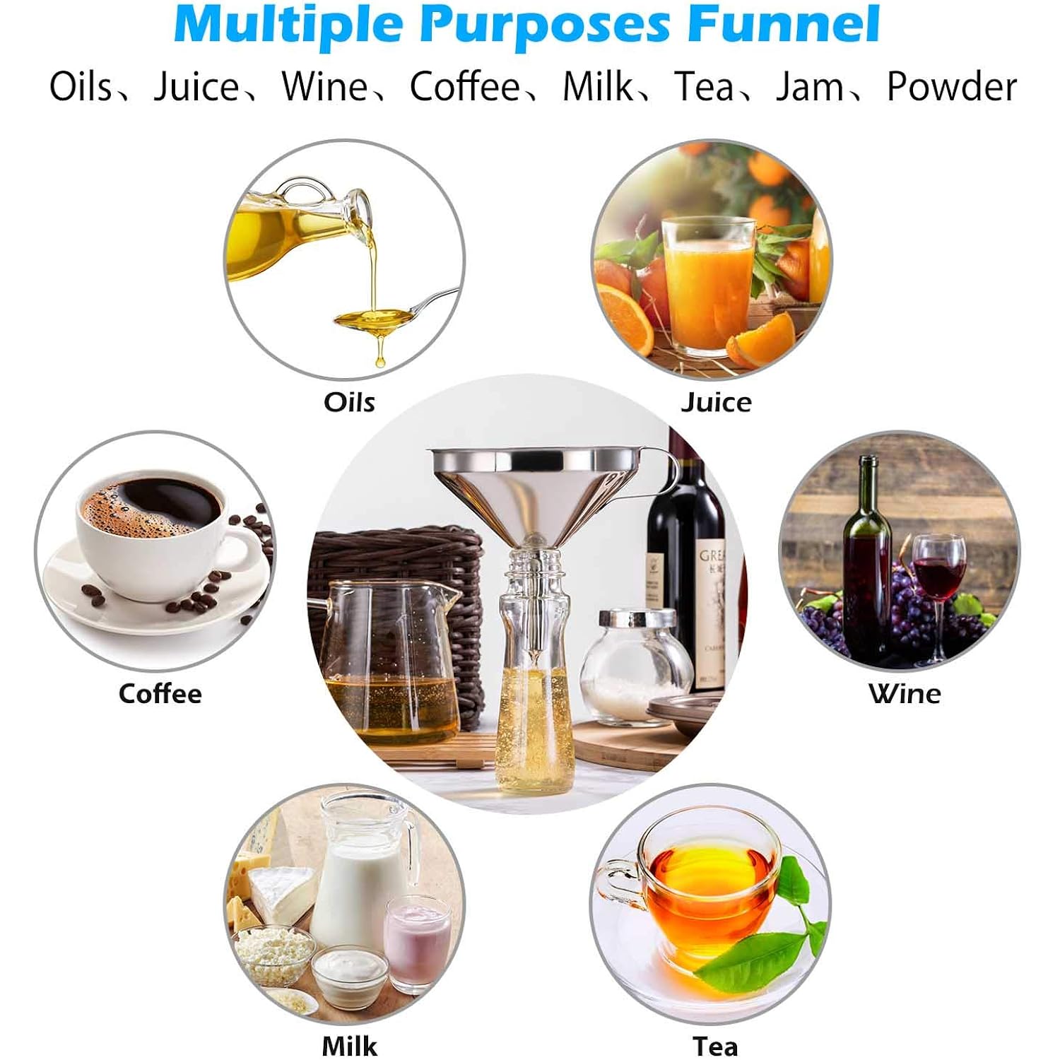 Kalave Premium Stainless Steel Funnel, 5 Inch Food Grade Kitchen Funnels With 200 Mesh Food Filter Strainer For Filling Bottles, Oils, Juice, Wine, Coffee, Milk