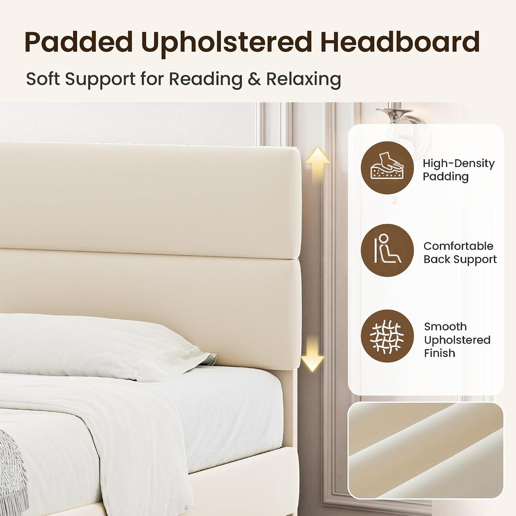 Queen Size Platform Bed Frame With Velvet Headboard, Adjustable Height Wooden Slats Support, Upholstered Mattress Foundation, Fits Mattress Or Mattress With Box Spring, Easy Assembly, Beige