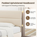 Queen Size Platform Bed Frame With Velvet Headboard, Adjustable Height Wooden Slats Support, Upholstered Mattress Foundation, Fits Mattress Or Mattress With Box Spring, Easy Assembly, Beige