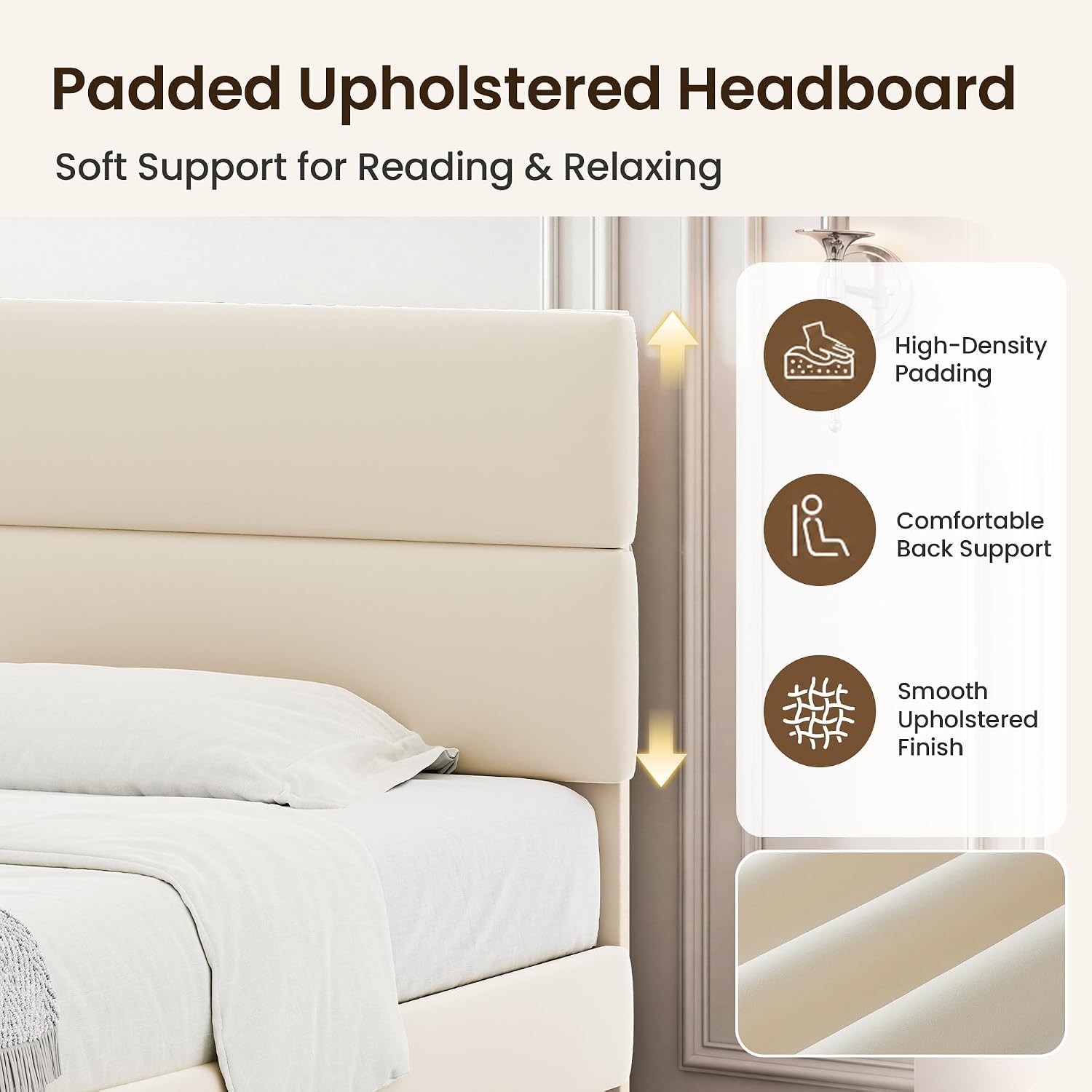 Queen Size Platform Bed Frame With Velvet Headboard, Adjustable Height Wooden Slats Support, Upholstered Mattress Foundation, Fits Mattress Or Mattress With Box Spring, Easy Assembly, Beige