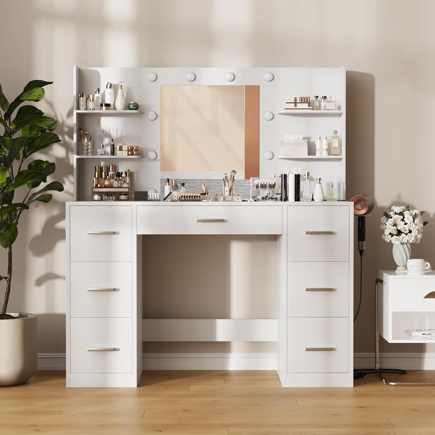Furmax Vanity Desk With Mirror, Led Lights And Power Outlet Makeup Vanity Table With 7 Drawers And 6 Storage Shelves Dressing Table For Bedroom Dressing Room (White)