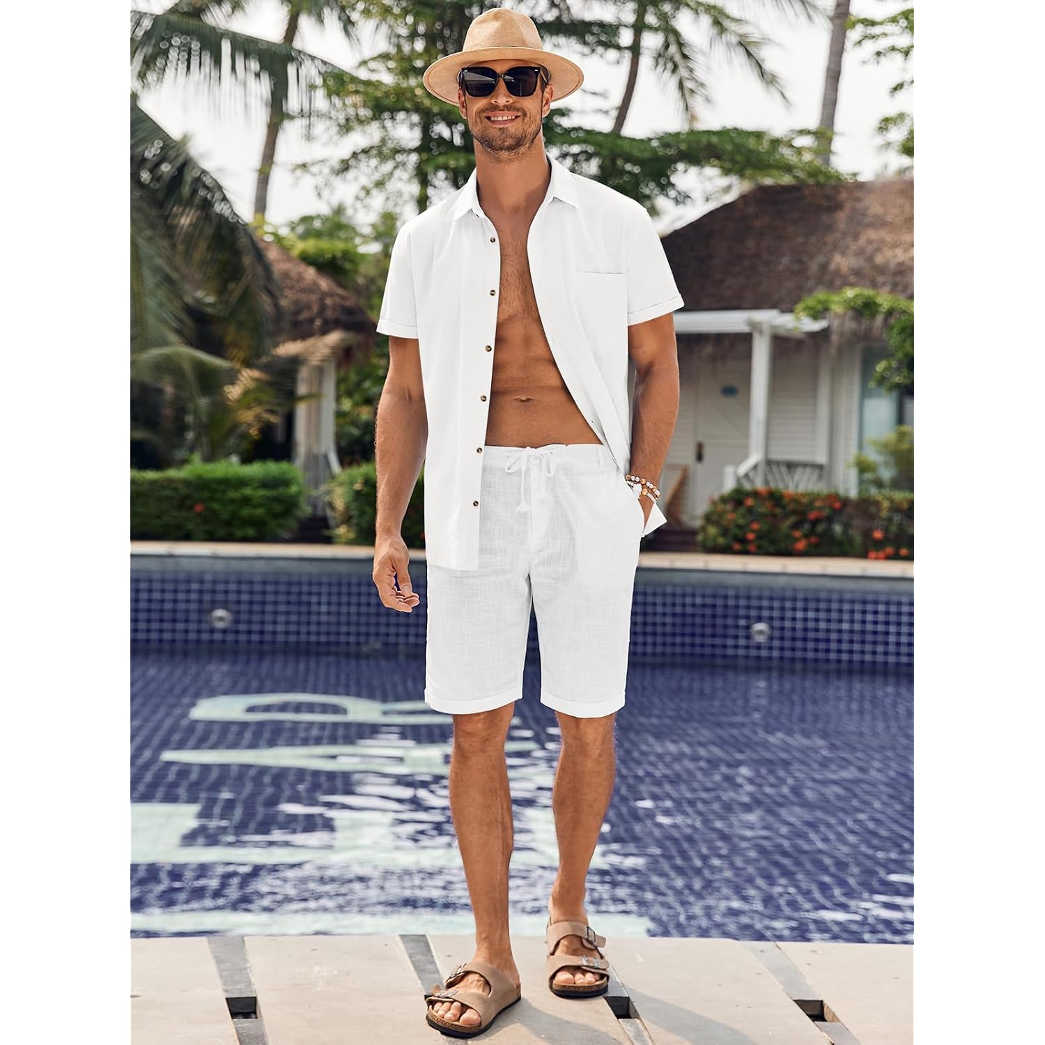 Bbalizko Mens Short Sleeve Button Up Shirts Linen Cotton Beach Tops Spread Collar Plain Summer T Shirt With Pocket