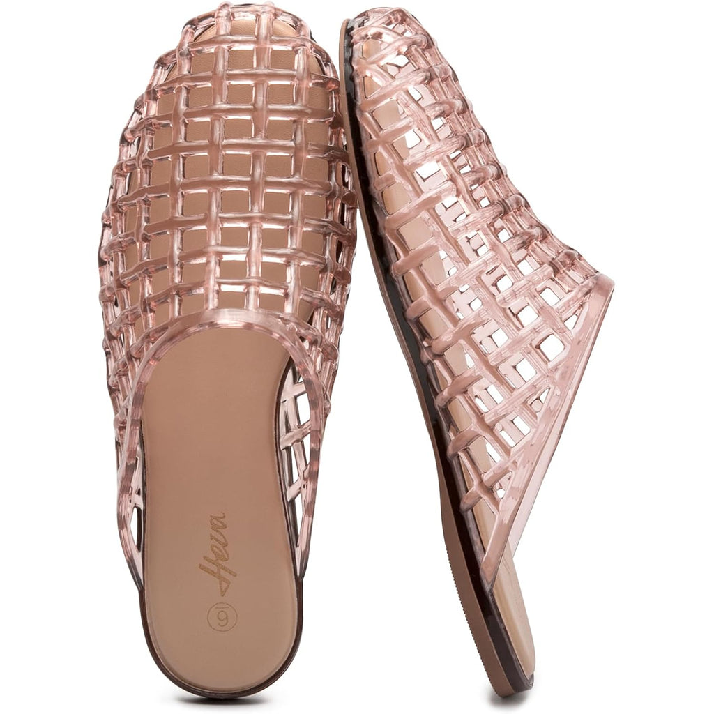 Heva Women'S Jelly Slide Sandals - Clear Mesh Hollow Slip On Closed Toe Slippers - Lightweight Casual No Slip Flat Sandals