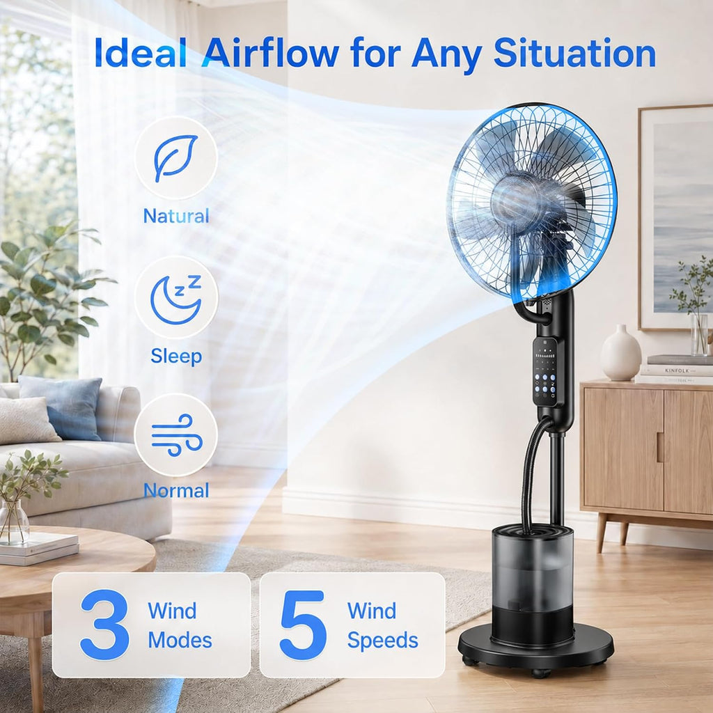 Upgraded Misting Fan With 4L Large Water Tank | 1.06 Gallon Fine Mist Fan, 5 Speeds 3 Modes Misting Standing Fan With Remote, Floor Fan For Home, Bedroom, Patio