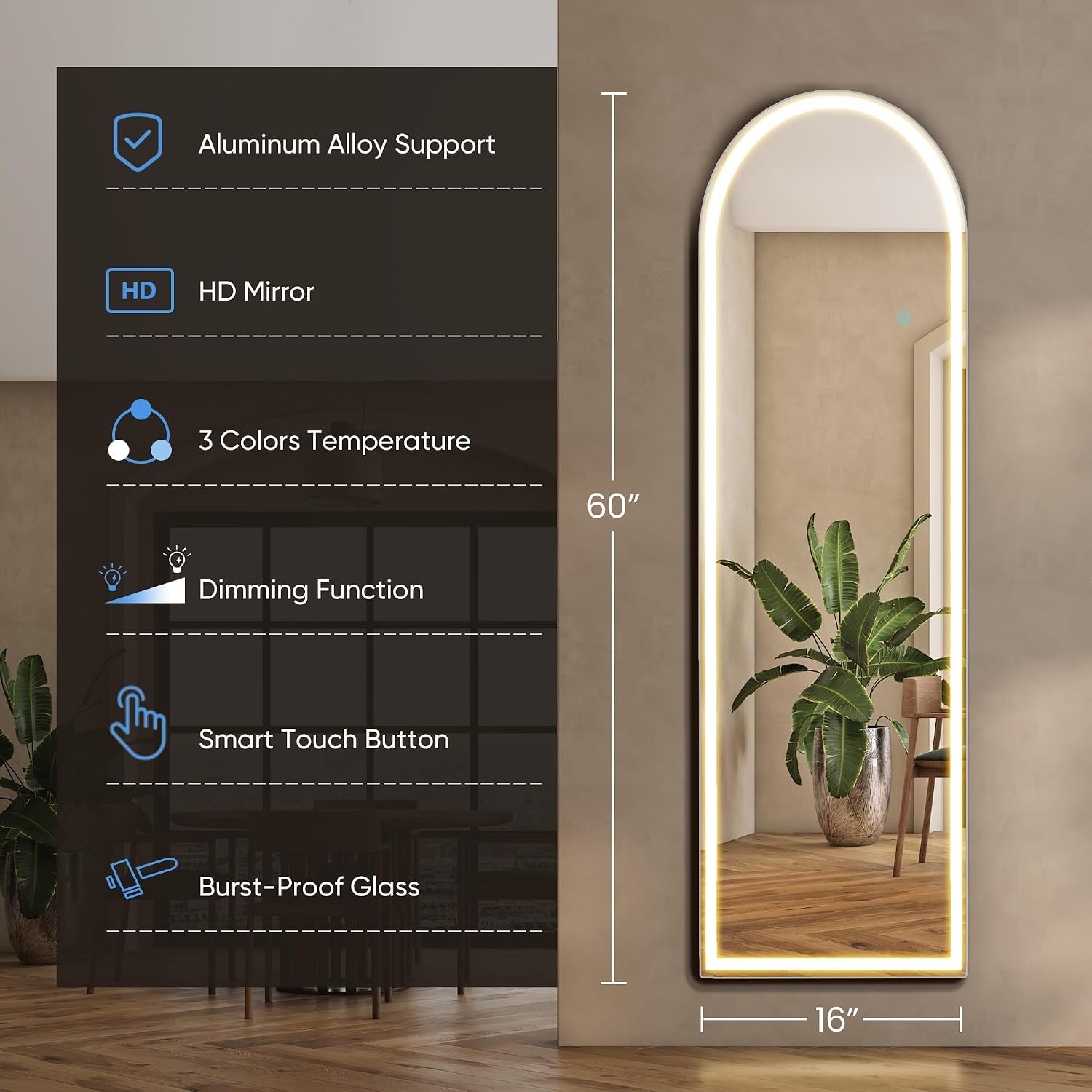 Dumos Arched Led Mirror Full Length Standing, 16"X60" Full Body Wall Mirror | Led Lights 3 Color Lighting And Shatterproof Tempered Glass, Wall Hanging Or Leaning, Floor Standing, Modern Home Decor