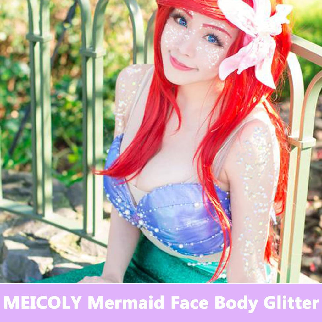 MEICOLY Clear White Body Glitter,Singer Concerts Music Festival Rave Accessories,Mermaid Face Glitter Gel,Sequins Glitter Face Paint,Chunky Hair Sparkling Halloween Glitter Gel for Women,50ml