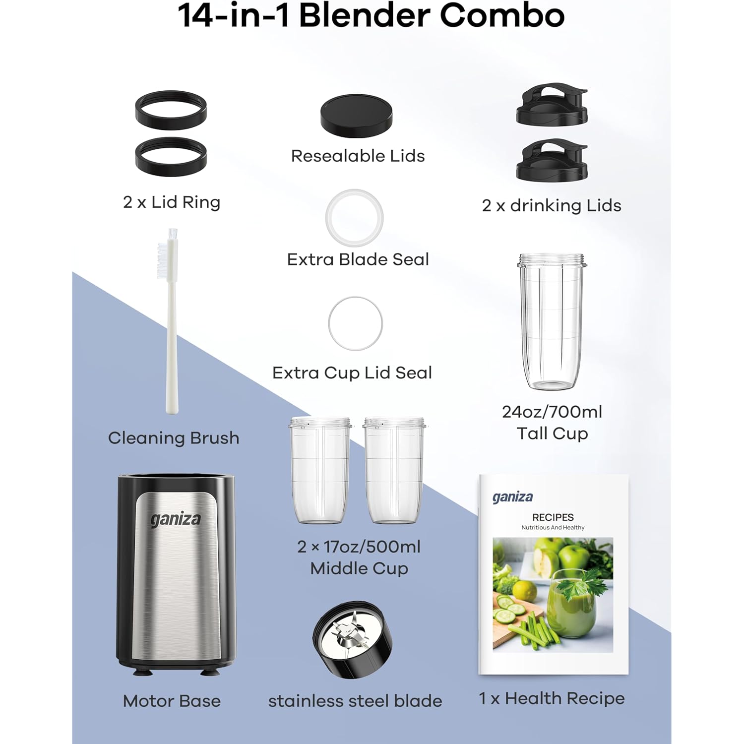 Ganiza Blender for Smoothies, 14Pcs Personal Blender for Shake and Smoothies for Kitchen with 3 Portable Cups (1x24oz & 2X17oz), Single Serve Smoothie Maker, Nutritious Recipe