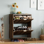 Shoe Cabinet Storage, Modern Freestanding Organizer with 2 Flip Drawers, Narrow Shoe Rack for Entryway, Walnut