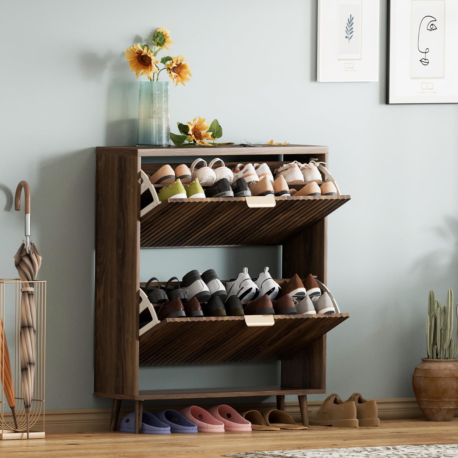 Shoe Cabinet Storage, Modern Freestanding Organizer With 2 Flip Drawers, Narrow Shoe Rack For Entryway, Walnut