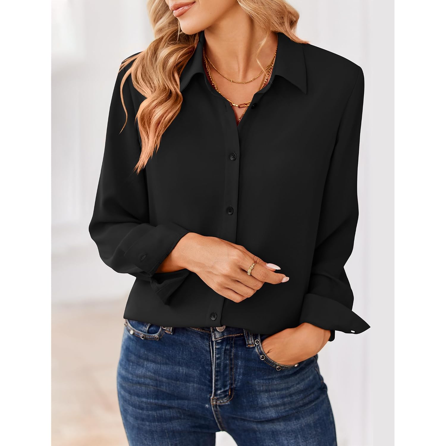 Zeagoo Women Blouses Chiffon Long Sleeve Button Down Shirts Business Causal Dressy Work Top V Neck Summer Spring Clothes