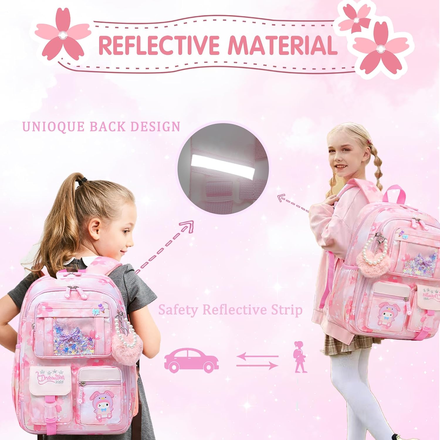 Lovely Girls Backpack School Bag For Students Kids Book Bag With Multiple Pockets Splash-Proof Children'S Backpack（17Inch Pink）