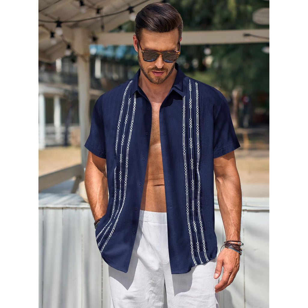 Runcati Mens Short Sleeve Guayabera Shirts Linen Cotton Button Down Mexican Embroidered Cuban Wedding Shirt Summer Beach Tops