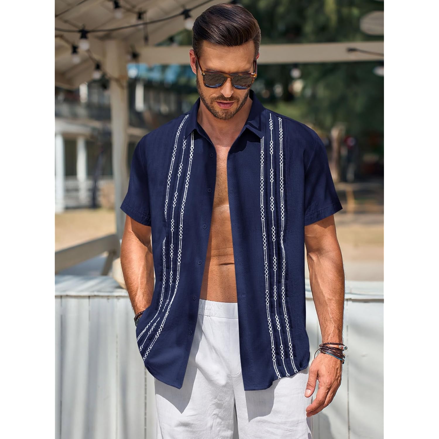 Runcati Mens Short Sleeve Guayabera Shirts Linen Cotton Button Down Mexican Embroidered Cuban Wedding Shirt Summer Beach Tops