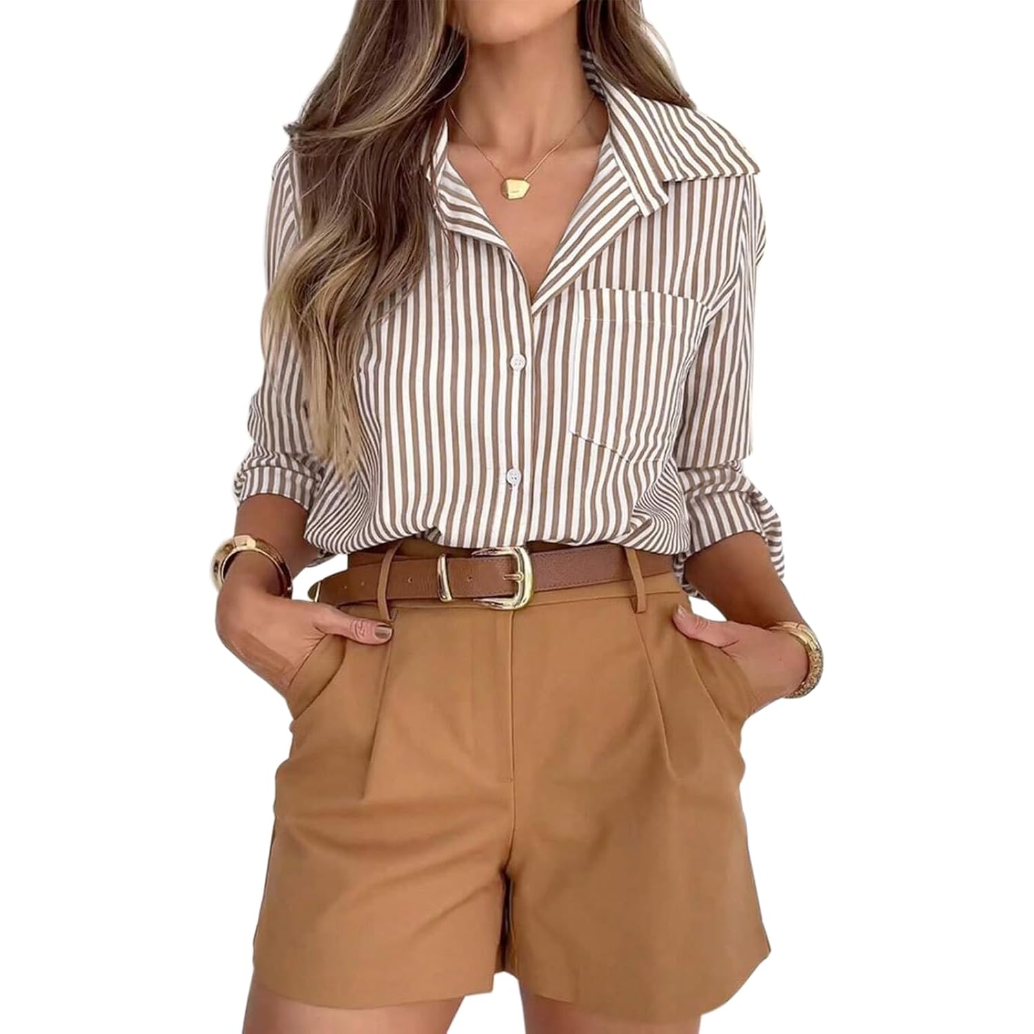 Siliteelon Striped Button Down Shirts For Women Dress Shirts Long Sleeve Casual Collared Office Work Shirt With Pocket