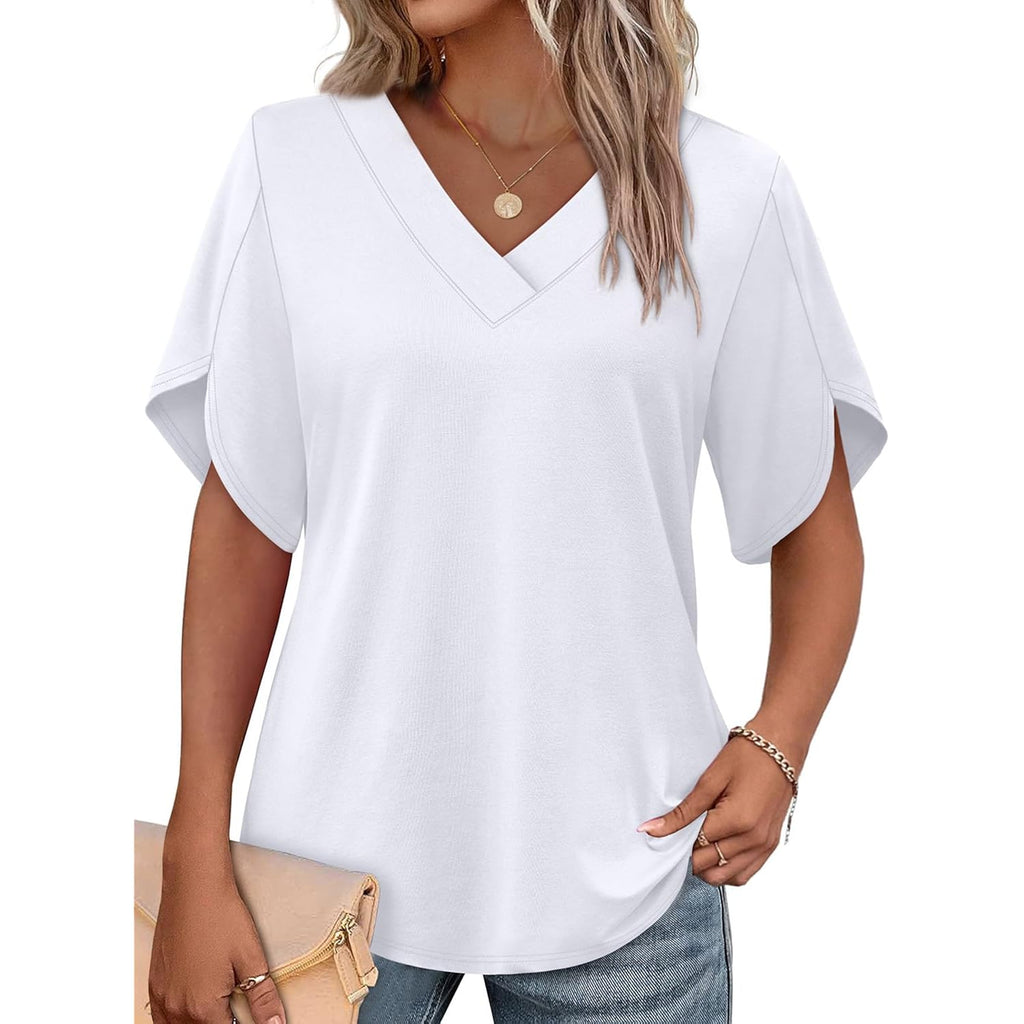 WIHOLL Womens Summer Tops Short Petal Sleeve Shirts Fashion V Neck Womens Clothing